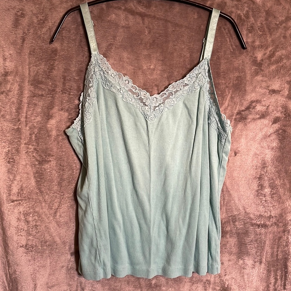 Chico’s Travelers Size 3 (16) Fancy Lace V Tank Color: Aqua Blue 77% Lyocell